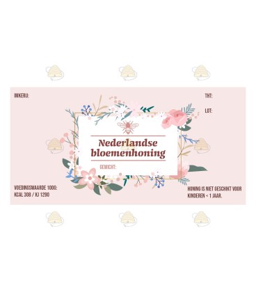 Honingetiket Klassieke tekening roze Nederlandse bloemenhoning