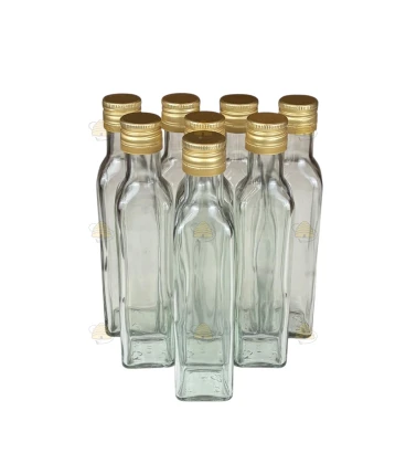 Vierkante glazen fles met metalen draaidop 250 ml, per 8 stuks