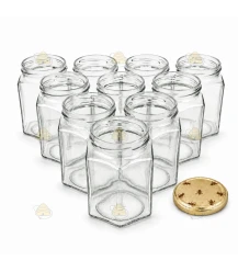 Hexagonale glazen potten 60 stuks - 278 ml / 350 gram, met keuze uit deksels (TO 63 mm)