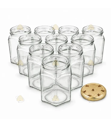 Hexagonale glazen potten 60 stuks - 278 ml / 350 gram, met keuze uit deksels (TO 63 mm)