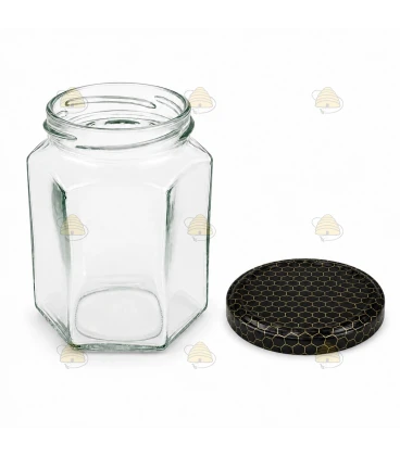 Hexagonale glazen potten 60 stuks - 278 ml / 350 gram, met keuze uit deksels (TO 63 mm)