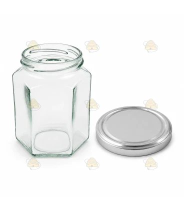 Hexagonale glazen potten 60 stuks - 278 ml / 350 gram, met keuze uit deksels (TO 63 mm)