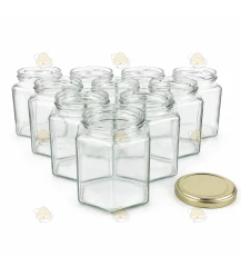 Hexagonale glazen potten 48 stuks - 390 ml / 500 gram, (TO 70 mm)